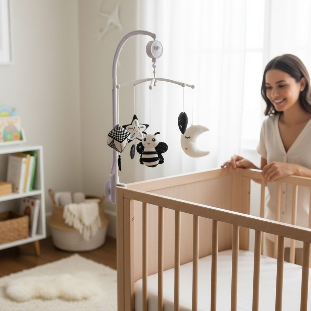 Mobile musical contrasté noir et blanc pour berceau