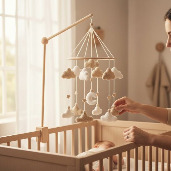 Mobile bébé nuages et lune décoration naturelle et douce