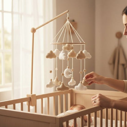 Mobile bébé nuages et lune décoration naturelle et douce