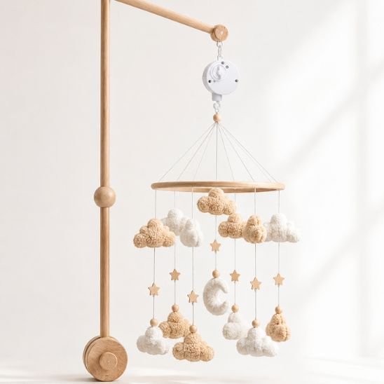 Pack musical nuages et lune avec bras en bois et boîte musicale