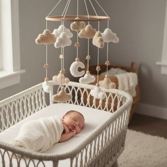 Mobile musical nuages et lune — bébé endormi berceau macramé beige chambre douce
