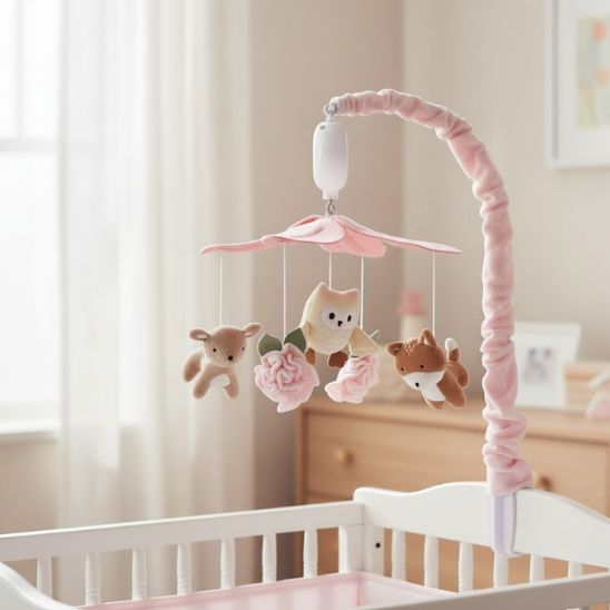 Mobile bébé rose forêt féerique dans une chambre bébé aux tons doux et naturels