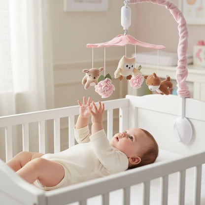Mobile bébé rose forêt féerique dans une chambre bébé aux tons doux et naturels