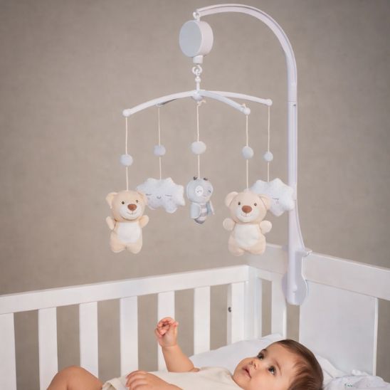 Mobile musical pour bébé avec oursons et nuages suspendus
