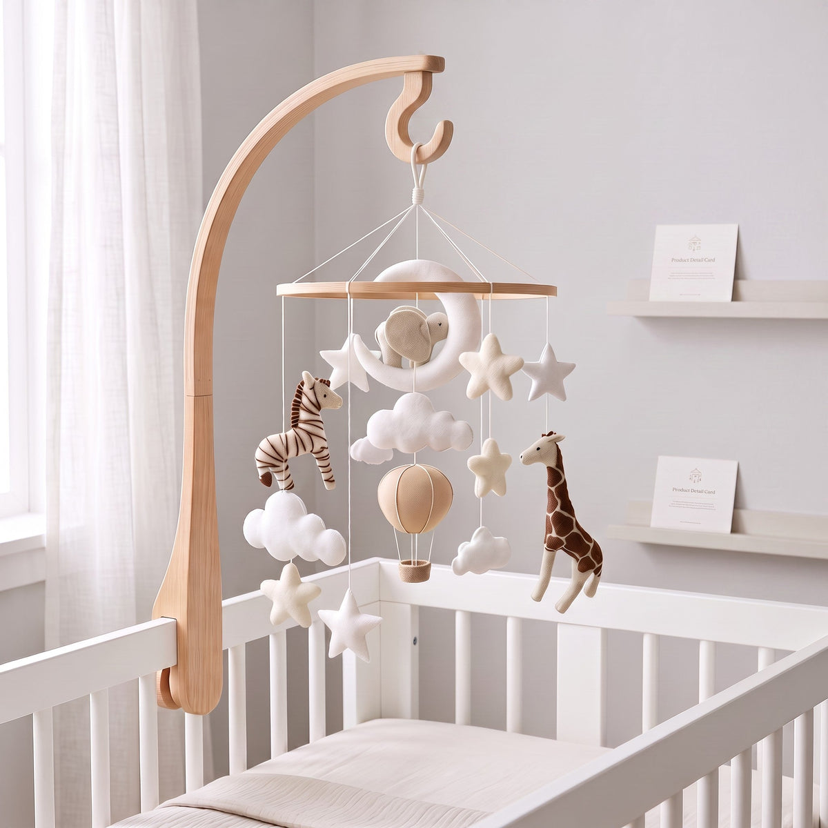 Mobile musical safari fait main avec bras support en bois pour lit bébé, animaux safari en feutrine suspendus