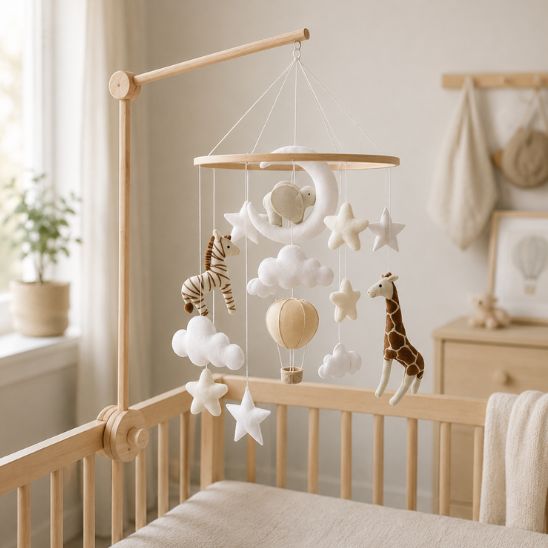 Mobile musical safari avec bras en bois installé sur un lit bébé