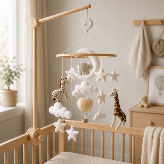 Pack musical safari avec bras en bois et module musical au-dessus du berceau