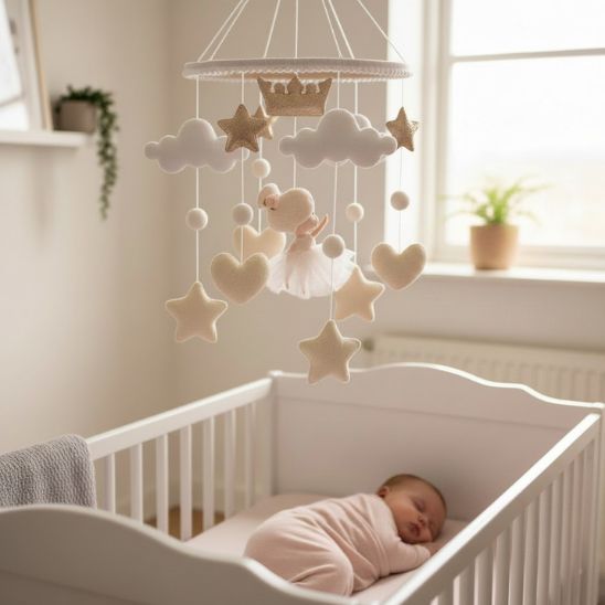 Mobile pour lit bébé ballerine — bébé endormie dans berceau blanc chambre douce