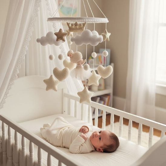 Mobile pour lit bébé ballerine — bébé allongé qui regarde le mobile sous baldaquin blanc