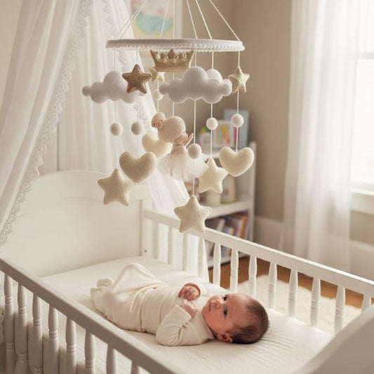 Mobile pour lit bébé ballerine — bébé allongé qui regarde le mobile sous baldaquin blanc