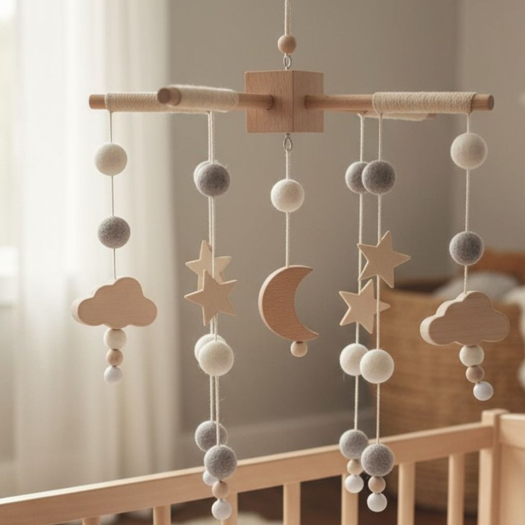 Mobiles Montessori aux couleurs pastel et formes célestes en bois