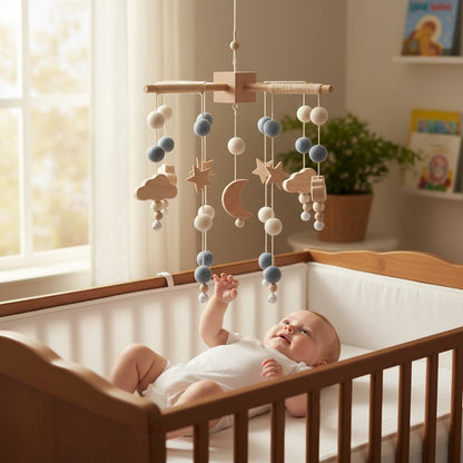 Mobiles Montessori en bois et feutrine pastel créant une ambiance douce et naturelle