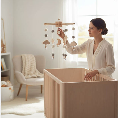 Mobiles Montessori en bois et feutrine pour éveil calme et naturel
