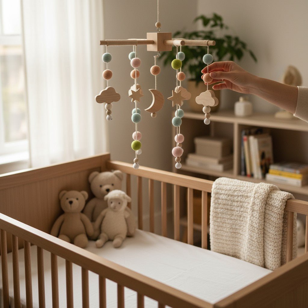 Mobiles Montessori en bois avec boules de feutrine menthe et rose pour éveil de bébé