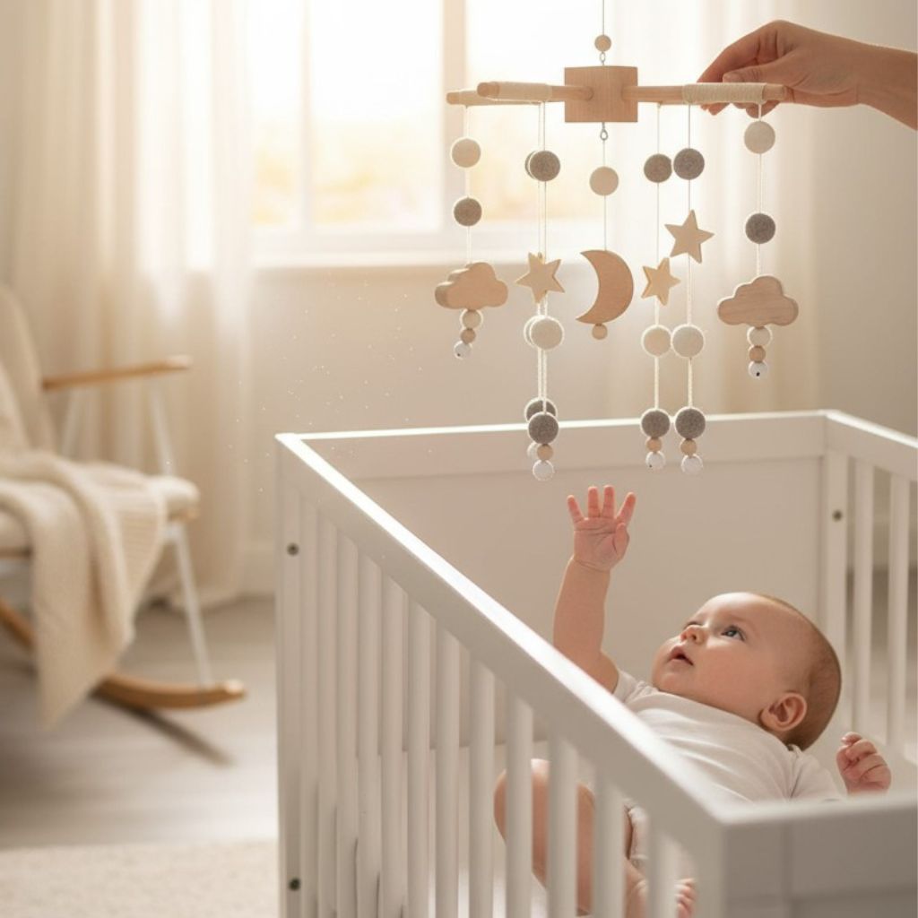 Mobiles Montessori ciel pastel avec boules de feutrine et bois naturel