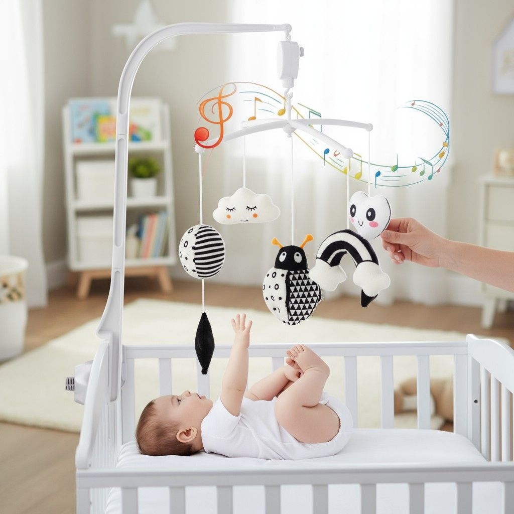 Mobile pédagogique noir et blanc inspiré de la méthode Montessori