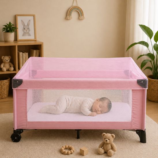 Moustiquaire parc bébé rose — bébé qui dort avec jouets autour