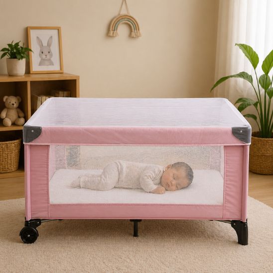 Moustiquaire parc bébé rose — bébé endormi dans parc chambre naturelle