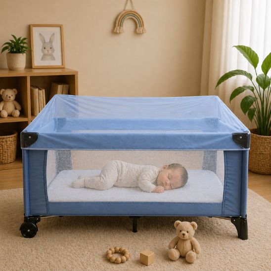 Moustiquaire parc bébé bleue — bébé endormi chambre lumière douce