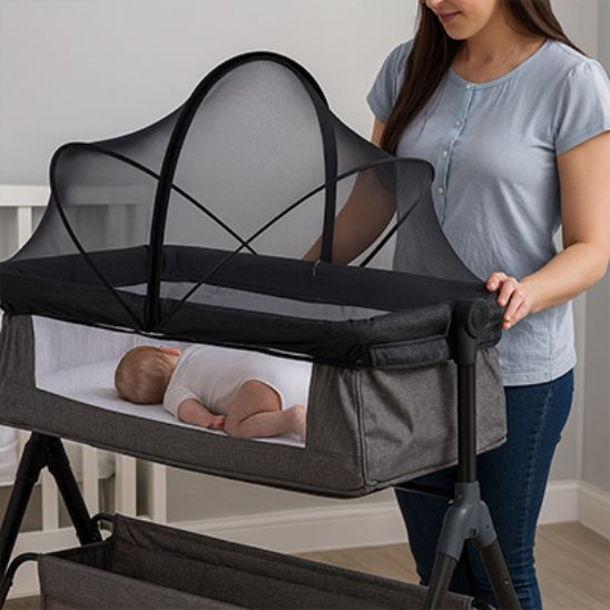 Installation d’une moustiquaire pour bebe pop-up respirante sur un lit bébé