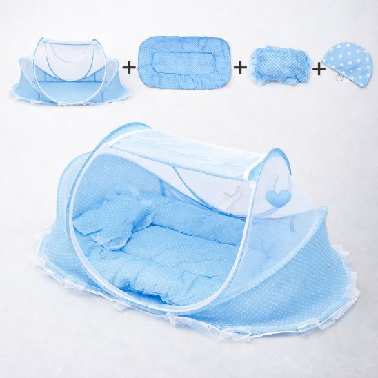 Moustiquaires lit bebe bleu kit complet tente pliante matelas protège-tête fond neutre