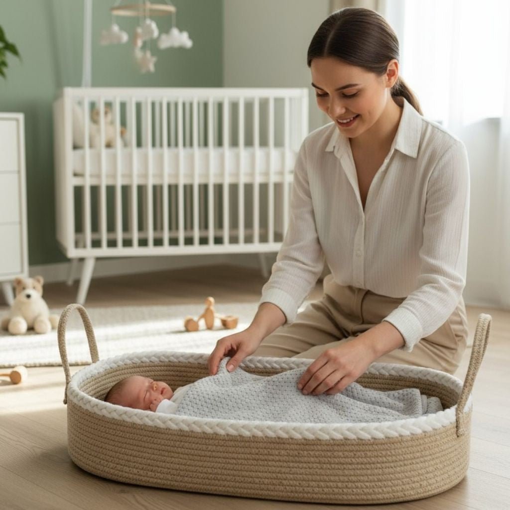 Vue de côté du nid bebe cocon beige naturel, matelas blanc et poignées tressées, 70x40x15 cm – Spot Bébé