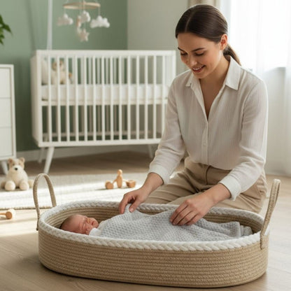 Vue de côté du nid bebe cocon beige naturel, matelas blanc et poignées tressées, 70x40x15 cm – Spot Bébé
