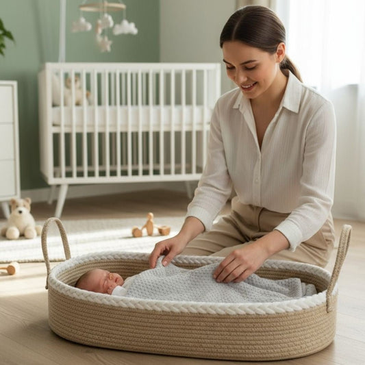 Vue de côté du nid bebe cocon beige naturel, matelas blanc et poignées tressées, 70x40x15 cm – Spot Bébé