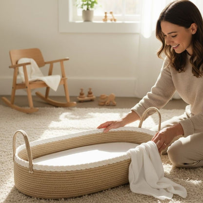 Panier nid bebe cocon beige naturel avec matelas blanc, poignées latérales en corde de coton tressée – 70x40x15 cm