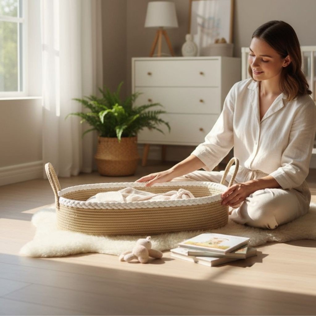 Nid bebe cocon beige naturel 70x40x15 cm en corde de coton tressée, avec matelas blanc et poignées souples – design léger et confortable pour nouveau-né