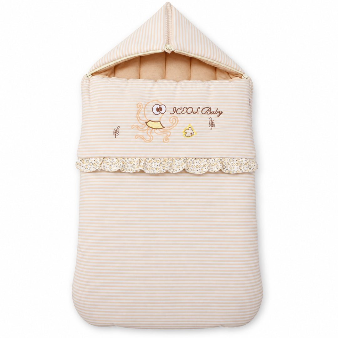 Nid d'ange coton à capuche, rayures crème et caramel
