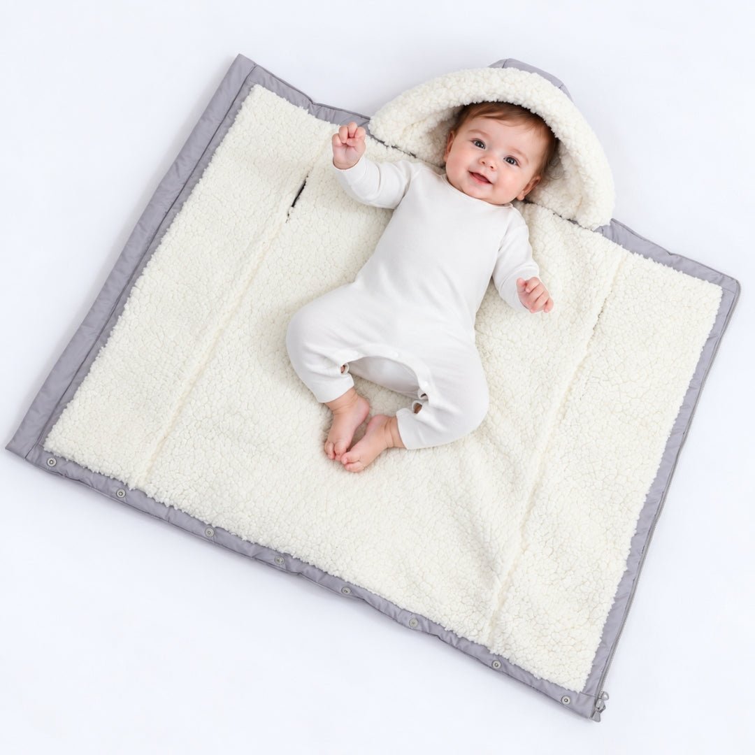 Nid d'ange ouvert à plat, bébé allongé sur la doublure sherpa crème
