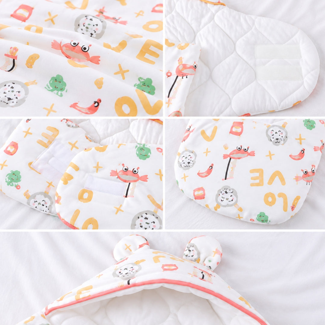 Détails du nid d'ange fille : imprimé, intérieur matelassé, scratch et oreilles