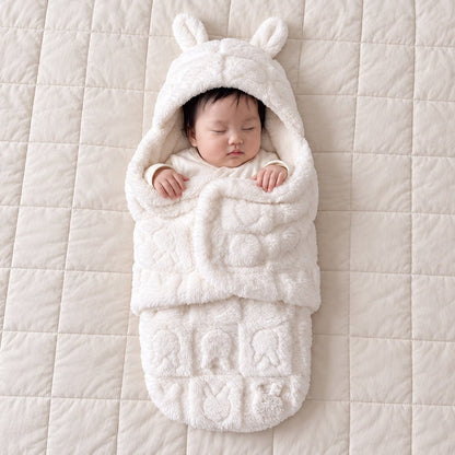 Bébé endormi dans le nid d'ange peluche Bouclette lapin blanc