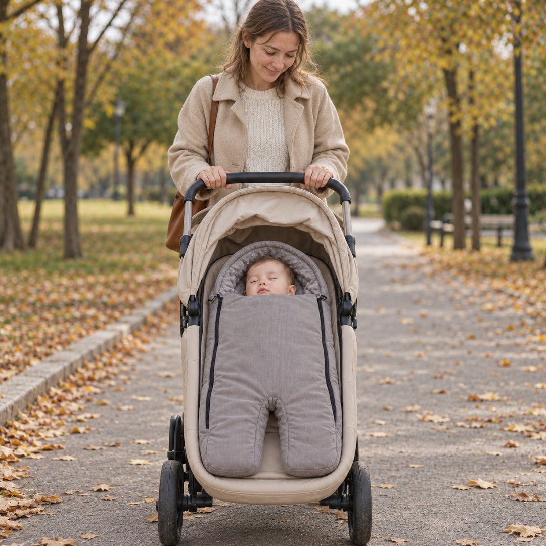 Bébé endormi dans son nid d'ange poussette en balade d'automne