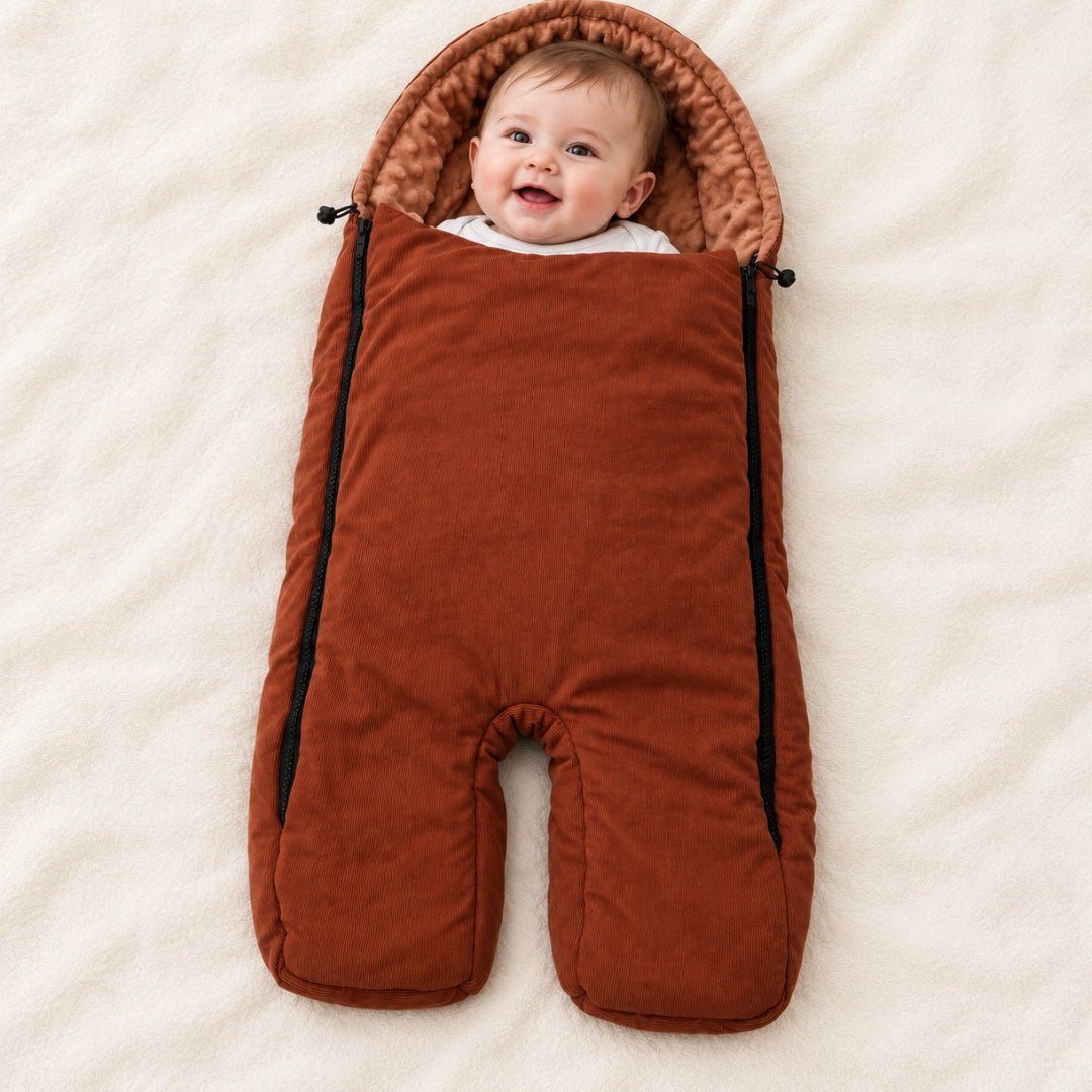 Bébé souriant dans un nid d'ange poussette caramel