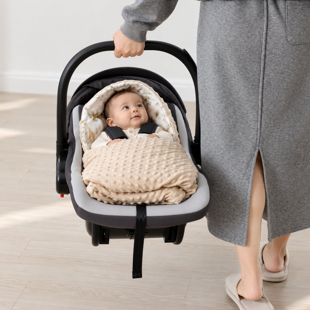 Bébé bien au chaud dans le nid d'ange réversible Biscotte savane, cosy porté à la main
