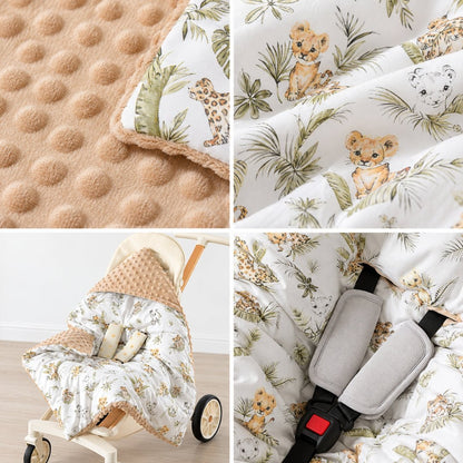 Détails du nid d'ange Biscotte : minky à pois, coton imprimé lionceaux et harnais passé