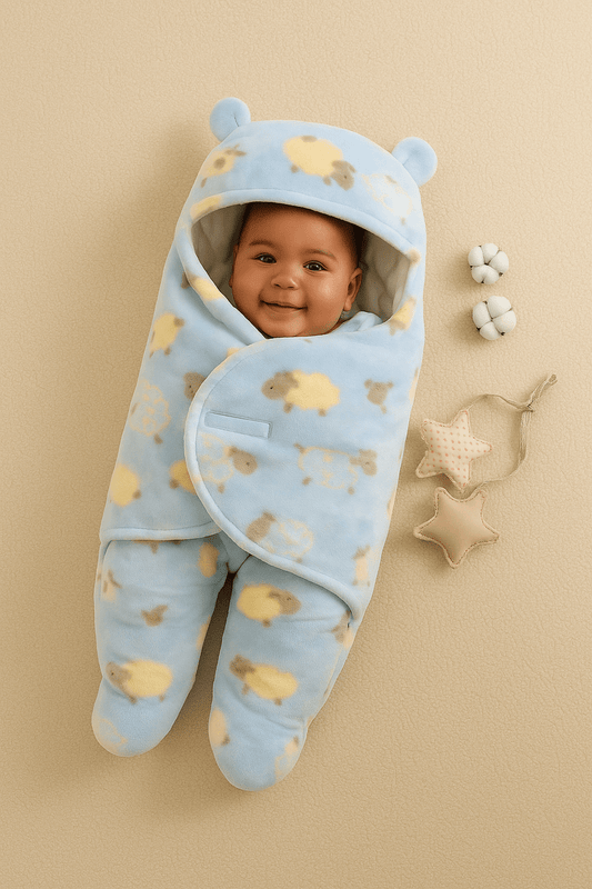 Bébé de 10 mois métissé souriant dans un nid d’ange bleu avec motifs moutons, posé sur une couverture douce.