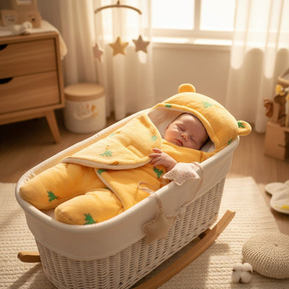 Nid d’ange bébé jaune doux câlin dans couffin en osier, lumière naturelle – Spot Bébé