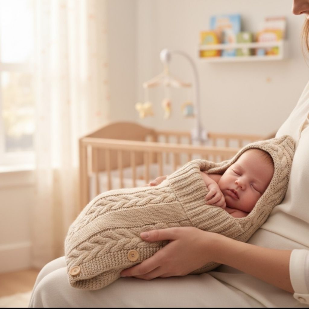 Nid dange hiver beige naturel pour bébé, tricot torsadé et boutons bois – Spot Bébé