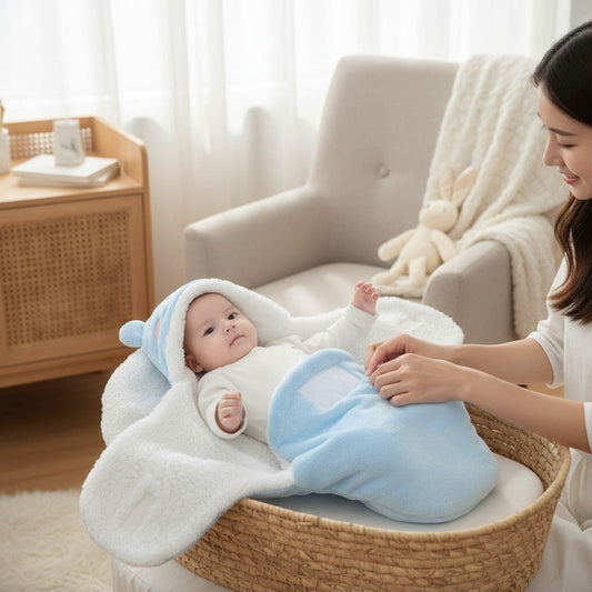Nid d’Ange ourson bleu polaire dans un panier couffin, préparation avant la sieste – Spot Bébé