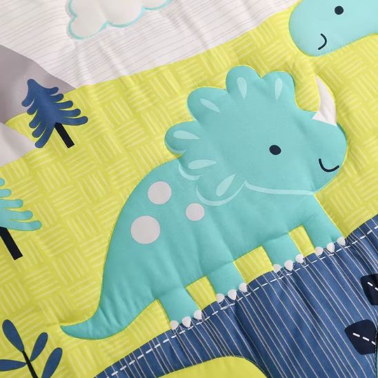 Parure de lit bébé 4 pièces dinosaure zoom motif relief couette bleu vert