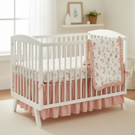 Parure de lit bébé florale en coton organique sur berceau blanc, lumière naturelle, chambre épurée