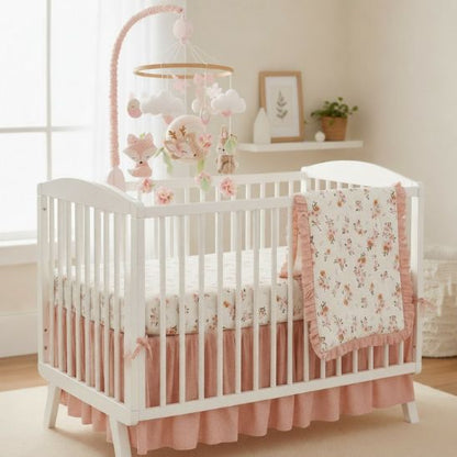 Parure de lit bébé florale coton organique sur berceau blanc avec mobile, chambre bébé complète