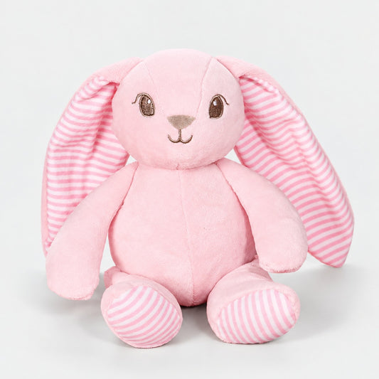 Peluche bébé fille Guimauve, lapin rose en velours aux longues oreilles rayées