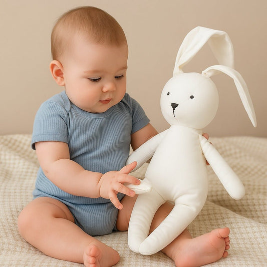 Petit garçon jouant avec une peluche lapin blanc sur le lit