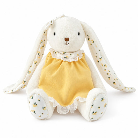 Peluche lapine Capucine Citronnelle, lapine blanche en robe jaune et col en broderie anglaise