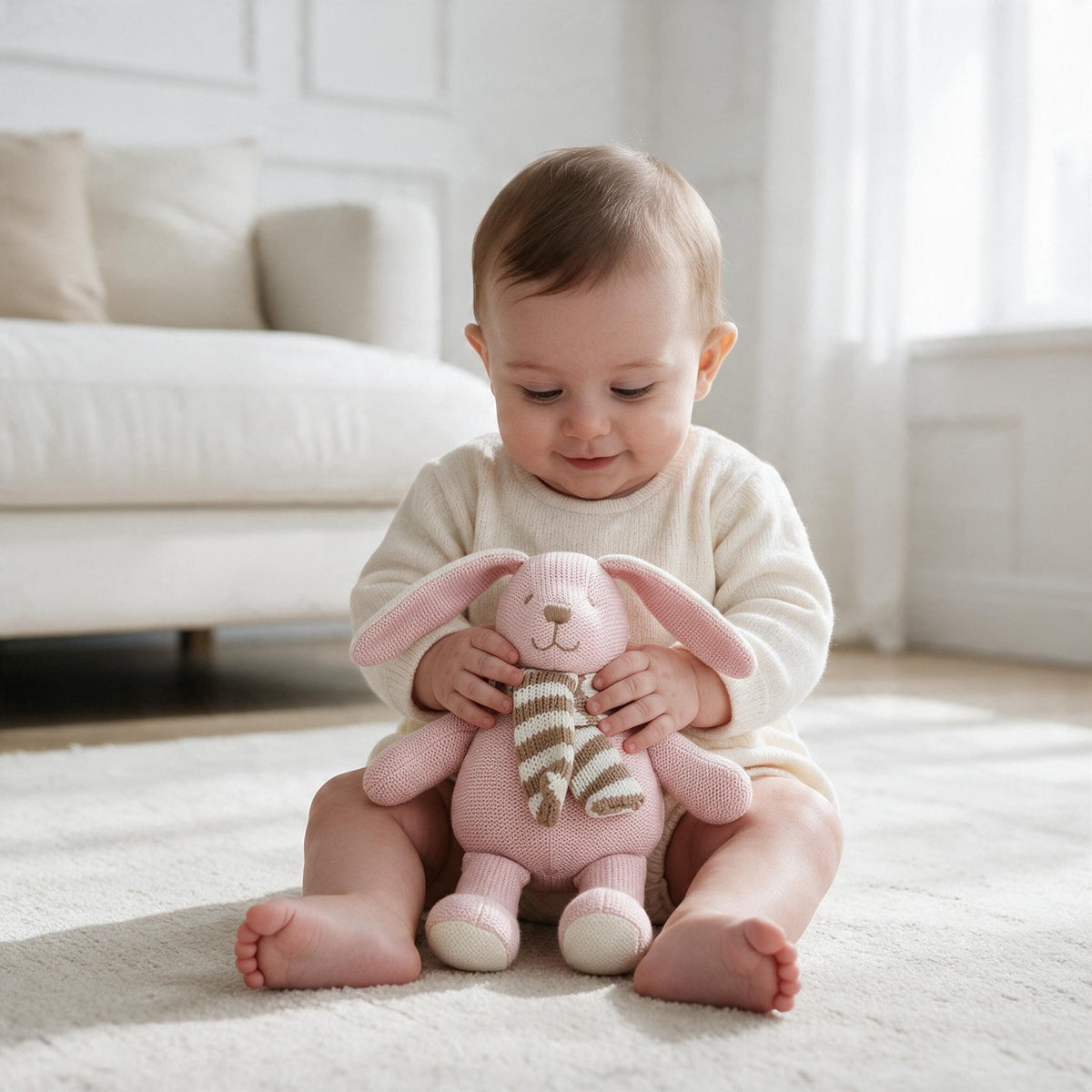 Bébé assis sur un tapis tenant sa peluche au tricot lapin rose