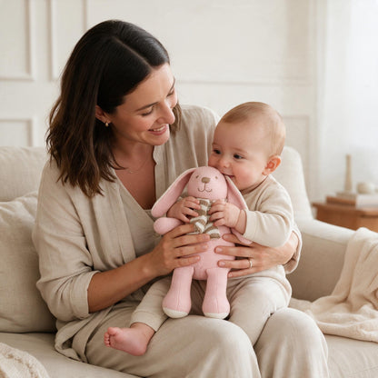 Bébé dans les bras de sa maman faisant un câlin à sa peluche lapin en tricot